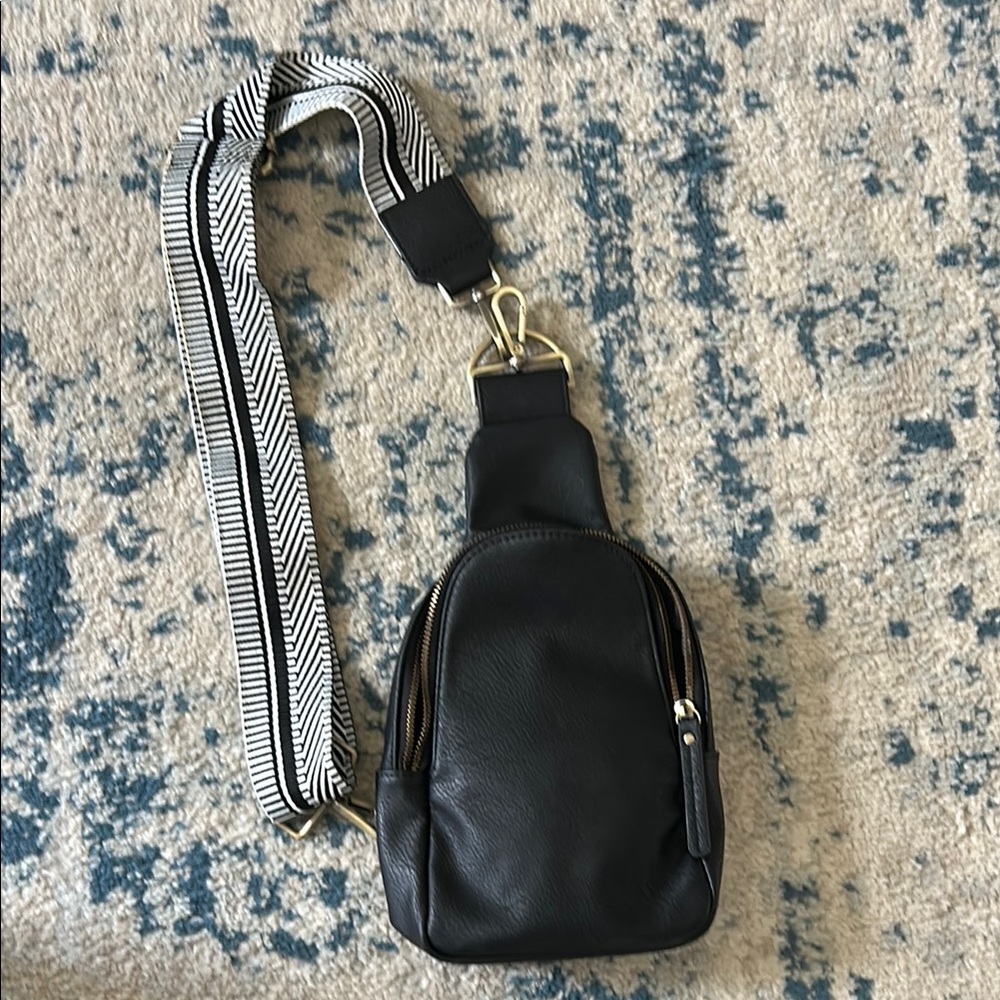 Anthropologie Black Crossbody Bag with Patterned Strap